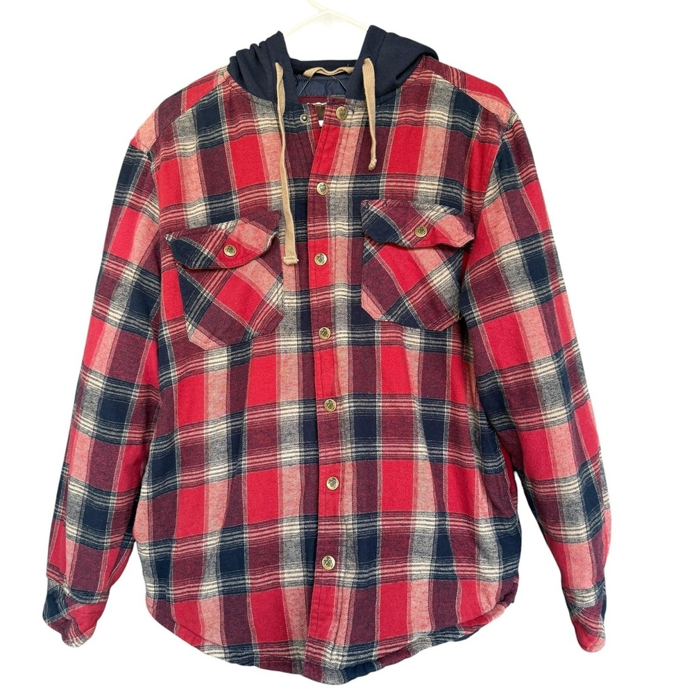 Legendary Outfitters Shirt Jacket Mens Medium Red Plaid Hooded Flannel Quilted